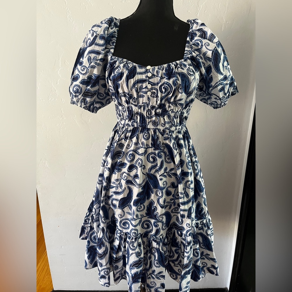 Cleobella Blue and White Puff Sleeve mini Sundress XS